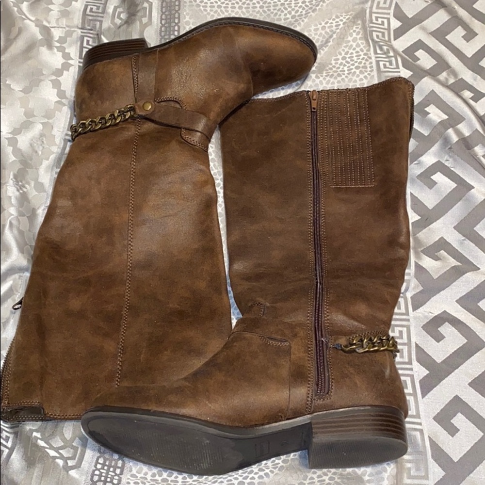 Brown wide width and wide calf riding boots